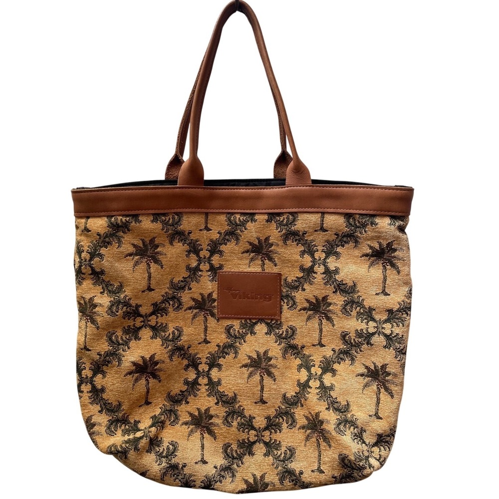 Large Tapestry Tote Bag Tan Palm‎ Tree Print Brown Leather Trim Beach Travel